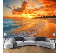 Lujoso papel pintado fotográfico 3D con diseño de agua de mar azul, mural para dormitorio y salón, decoración de pared con paisaje de playa al atardecer, naranja, 250 cm x 175 cm