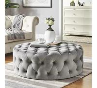 Lujoso taburete reposapiés de felpa para decoración de sala de estar y dormitorio, pequeña mesa de centro moderna con extremo redondo de terciopelo copetudo gris 60 x 60 x 40 cm