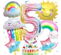 LUKIUP 20 Piezas Decoraciones Arcoíris 5 Años, Plugin de pastel decoracion cumpleaños 5 años lobos de Nube y Arcoíris, Globos Aluminio Sol, Fiesta Cumpleaños Niñas