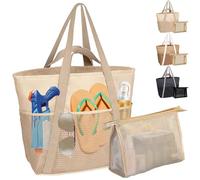 LUKIUP Bolsa de playa de la familia, XL con mini bolsa de baño, bolsa de la compra para viajes, compras y uso diario (negro), crema, large
