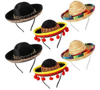 LUKIUP Lote de 6 sombreros mexicanos para hombres y mujeres. Mini sombreros coloridos con flecos y decoraciones de pompones, ideales para Cinco de Mayo, Día de Muertos y fiestas temáticas mexicanas