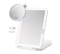 LUKYMIRO Espejo de maquillaje de viaje recargable con luces, espejo regular iluminado portátil con pequeño aumento de 10X, 70 LED, 3 colores regulables, espejo cosmético compacto plegable de mesa