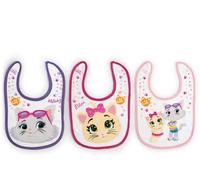 LULABI 44 GATTI GIRL Juego de 3 baberos para bebé, 100% hechos de algodón suave con estampado de 44 gatos, paquete de baberos, velcro, hipoalergénicos, reutilizables, unisex, 19 x 17 cm, Multicolor