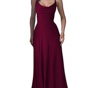 Lulah Drape Maxi Dress with Built-in Bra, Summer Solid Color Round Neck Sling Waist Sexy Dress (M,Wine Red)