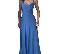 Lulah Drape Maxi Dress with Built-in Bra, Summer Solid Color Round Neck Sling Waist Sexy Dress (XS,Blue)