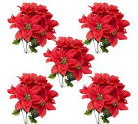lulalula 5 arbustos artificiales de Poinsettia de seda de Poinsettia artificiales de Navidad, flor de Poinsettia roja de flores de Navidad de seda para florero, decoración del hogar