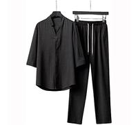 LULAND Conjunto de 2 Piezas de Lino para Hombre, Trajes de Vacaciones de Playa de Verano, Camisa de Manga Corta con Botones Informales, Conjuntos de Pantalones Largos Sueltos (4X-Large,Black)
