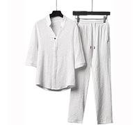 LULAND Conjunto de 2 Piezas de Lino para Hombre, Trajes de Vacaciones de Playa de Verano, Camisa de Manga Corta con Botones Informales, Conjuntos de Pantalones Largos Sueltos (4X-Large,White)