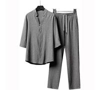 LULAND Conjunto de 2 Piezas de Lino para Hombre, Trajes de Vacaciones de Playa de Verano, Camisa de Manga Corta con Botones Informales, Conjuntos de Pantalones Largos Sueltos (Large,Grey)
