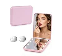 lulir Espejo Maquillaje con Luz LED, Espejo de Bolsillo Plegable con Aumento 1x/2x, Espejo Pequeño Portátil para Bolso y Viaje, 2 Pilas Incluidas - Rosa