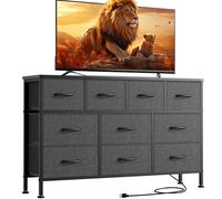 Lulive Cómoda gris para dormitorio, 10 cajones, soporte de TV para dormitorio con toma de corriente, centro de entretenimiento, cómoda larga de tela para sala de estar, ahorra espacio (gris)