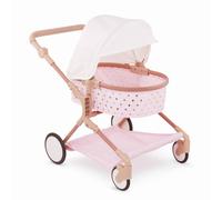 LullaBaby - Cochecito para mu ecas gemelas - Rosa con estrellas doradas - Capota plegable, ruedas giratorias y cesta de almacenamiento - Accesori