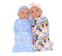 LullaBaby - Mu ecas gemelas realistas de 35 cm - Piel clara y ojos marrones - Manta con estampado de estrellas y flores - Gorro y diadema - Jugue