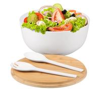 LuLobtg Ensaladera de bambú para mezclar con tapa ranurada, recipiente de madera de 25 cm para servir alimentos con cuchara y tenedor para frutas, pasta, aperitivos (blanco)