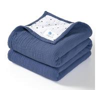 Lulu Moon Manta de Muselina para bebé, edredón de algodón para bebé, Reversible, 120 x 120 cm, Color Azul