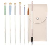 LULUCOLORS Juego de 7 brochas de maquillaje con bolsa de piel sintética, sombra angulada, cejas, mini llama, mezcla, detalle, delineador de ojos y cepillo de cejas y pestañas de doble extremo para uso