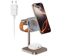 LULULOOK certificación Qi2 Estación de Carga para iPhone,mag-Safe 15W Soporte de Carga rápida para iPhone 17/16/15,5W para Apple Watch Magnetismo de aleación de Aluminio Soporte Nocturno para airpods