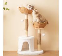 LULUWA Árbol para gatos de madera maciza de 108 cm, rascador para gatos con 2 cestas y cueva, madera natural y sisal con pelota de peluche y cojín grueso, para gatos grandes y gatitos