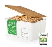 Lumaland Panera Vintage en Metal con Tapa en Bambú - Recipiente para Guardar el Pan con Tabla De Cortar - Caja de Almacenamiento para Cocina - Rectangular/Blanco
