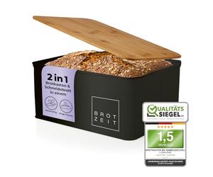 Lumaland Cuisine Panera, fiambrera de metal con tapa de bambú, caja rectangular de 30,5 x 23,5 x 14 cm, fiambrera y tabla de cortar 2 en 1 [negro]