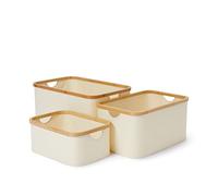 Lumaland Juego de 3 Cestas de Almacenamiento Rectangular de Bambú - Cajas de Almacenaje Decorativas para Guardar Ropa, Toallas o Juguetes - Cajones Organizadores Apilables - Beige