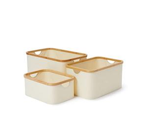 Lumaland Juego de 3 Cestas de Almacenamiento Rectangular de Bambú - Cajas de Almacenaje Decorativas para Guardar Ropa, Toallas o Juguetes - Cajones Organizadores Apilables - Beige