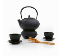 Juego de té Lumaland 12 piezas | tetera de hierro fundido de 1,4 litros Tetsubin y calentador de tetera, 4 tazas de té & 4 posavasos | cuchara medidora de bambú & colador de acero inoxidable
