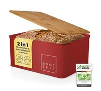 Lumaland Cuisine Panera | Panera de Metal con Tapa de Bambú | Panera Rectangular 30,5 x 23,5 x 14 cm | 2en1 Panera y Tabla de Cortar [Rojo]