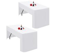 Lumaycens Paquete de 2 manteles blancos ajustables con parte trasera abierta para mesa plegable de 6 pies, tela de poliéster lavable, mantel blanco, cubierta de mesa para exposiciones comerciales y de