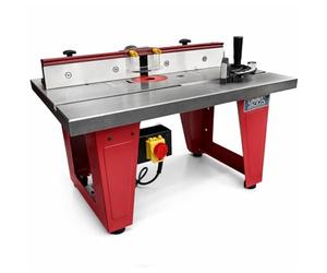 LUMBER JACK Mesa de enrutador de hierro fundido con una valla de aluminio de una pieza y soporte compacto para patas, montaje universal para enrutador e inserto de mesa ajustable