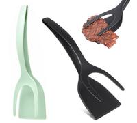 Lumeclat Juego de 2 espátulas y pinzas 2-en-1, mango giratorio, nylon, espátula de silicona antiadherente, resistente a altas temperaturas, para huevos fritos, panqueques, pan y bistec(Negro, Verde)