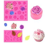 Lumeclat Set de 3 moldes de silicona para fondant y dulces, motivos 3D de rosas y hojas, ideal para Sugarcraft, toppers de cupcakes, jabón, arcilla polimérica, decoraciones de tartas de boda