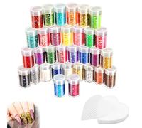 Lumeclat Set de 32 polvos de purpurina para manualidades, con 200 hojas removedoras de esmalte, purpurina fina y gruesa, para arte de uñas, cara, festivas, decoración de fiestas y creación de tarjetas