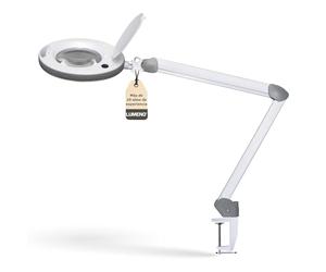 Lumeno 8515GR Lámpara lupa LED con gran lente de cristal auténtico de 152 mm, luminosidad regulables, adecuada como lámpara de trabajo, de aumento, ayuda de lectura, lupa estetica, 5 dioptrías gris