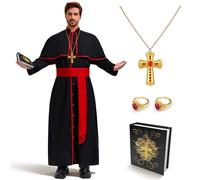 LumenVela Disfraz de Cardenal Hombre, Disfraz Cura para Hombre, Disfraz de Sacerdote Adultos Negro con Cadena Cruz y Cinturón Disfraz Carnaval Hombre Adulto para Carnaval Cosplay (M)
