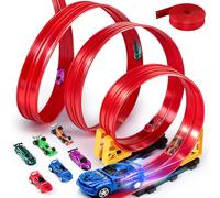 LumenVela Pista Coches Flexible, 5M Circuito Coches Flexible Portátil con 6 Coches de Juguete 1 Bolsa de Almacenamiento 2 Rampas 4 Ventosas Flexible Car Track para Niños 4 5 6 7 Años (Rojo)