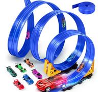 LumenVela Pista Coches Flexible, 5M Circuito Coches Flexible Portátil con 6 Coches de Juguete 1 Bolsa de Almacenamiento 2 Rampas 4 Ventosas Flexible Car Track para Niños 4 5 6 7 Años (Azul)