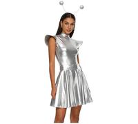 LumiJour Conjunto de disfraz de astronauta para mujer, traje de baile con falda, conjunto de accesorios para la cabeza, plata, M
