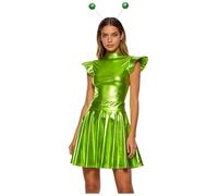 LumiJour Conjunto de disfraz de astronauta para mujer, traje de baile con falda, juego de accesorios para la cabeza, color verde fluorescente, L