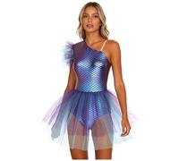 LumiJour Disfraz de sirena metálico brillante para mujer, de una sola pieza, para festival, rave, tutú, tutú, leotardo de baile, azul, XXL