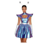LumiJour Traje de astronauta para mujer, disfraz de extranjero, juego de disfraz de astronauta para fiesta, accesorio para la cabeza con pelotas, juego de piezas, azul, 3XL
