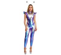 LumiJour Traje espacial para mujer, traje de astronauta, traje combinado metálico brillante, traje de cuerpo alienígena, sombrero con bolas, degradado azul, M