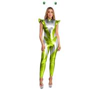LumiJour Traje espacial para mujer, traje de astronauta, traje combinado metálico brillante, traje de cuerpo alienígena, sombrero con bolas, verde, 3XL