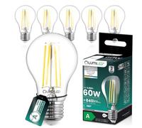 Lumiled Bombilla LED ultraeficiente A60 E27, 3,8 W, 840 lm, 4000 K, filamento de cristal transparente, 360°, clase energética A, repuesto para 60 W, juego de 6 unidades, no regulable, blanco neutro