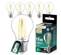 Lumiled Bombilla LED ultraeficiente A60 E27, 4,9 W, 1055 lm, 2700 K, filamento de cristal transparente, 360°, clase energética A, repuesto para 75 W, juego de 6 unidades, no regulable, blanco cálido