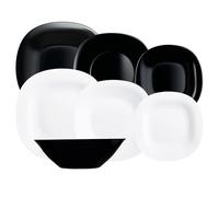 Luminarc Vajilla de vidrio opal Carine N&B 19 piezas para 6 personas | Blanco y negro, diseño cuadrado, acabado brillo, apilable, fabricada en Francia, apta para microondas y frigorífico