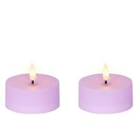 Lumineo Vela de té LED solar para exteriores, 7 x 3,2 cm, plástico, efecto llama, funciona con pilas, velas sin llama como velas de mesa, velas decorativas, velas artificiales, color lila claro y