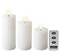 Lumineo Velas LED con temporizador, 11 - 19 cm, juego de 3 unidades, efecto llama parpadeante, vela de cera auténtica, funciona con pilas, vela de cera, estilo rústico, blanco cálido