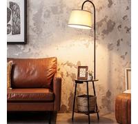 LuminexDesigns Lámpara de Pie con Estantes y Puerto USB - Estilo Vintage en Madera, 2 Estantes, Pantalla de Tela Blanca, Casquillo E27, Interruptor, 165 cm, para Salón, Dormitorio y Oficina