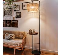 LuminexDesigns Lámpara de Pie de Ratán con Estante - Estilo Boho Vintage Negro, Casquillo E27, Cabezal Orientable, 3 Temperaturas de Color con Interruptor de Pie, 170 cm, para Salón y Dormitorio